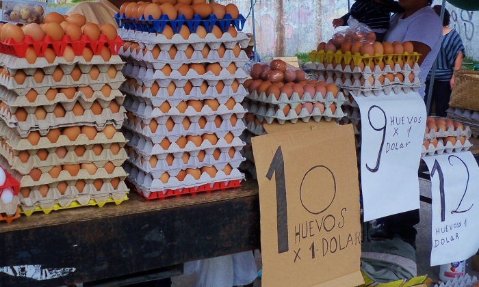 Eggs are 10-12 for a dollar, depending on the size.