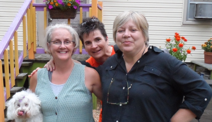 Kathy (L) and Sara (R) with blogger Colleen Brown in our Lexington back yard, Summer 2012--