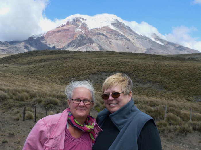 Kathy and Sara at the foot of Chimborazo, the highest peak in Ecuador, at around 20,500 feet--