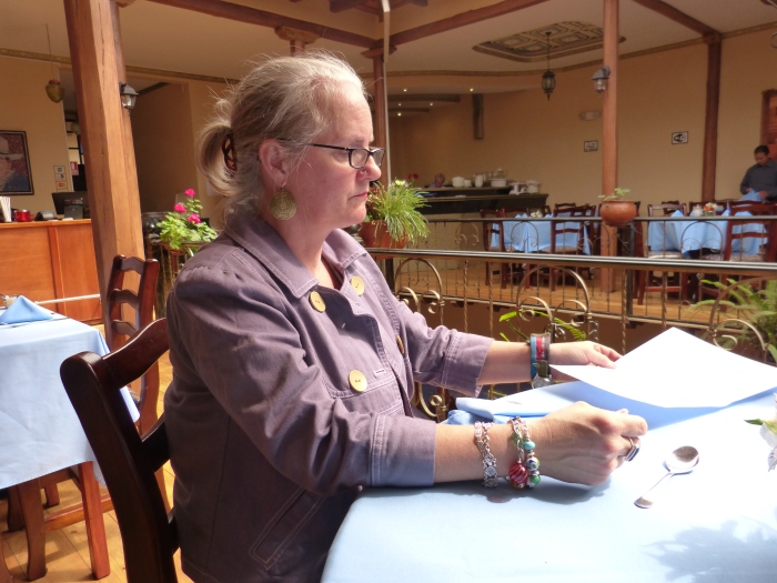 Writing in a Cuenca, Ecuador restaurant--