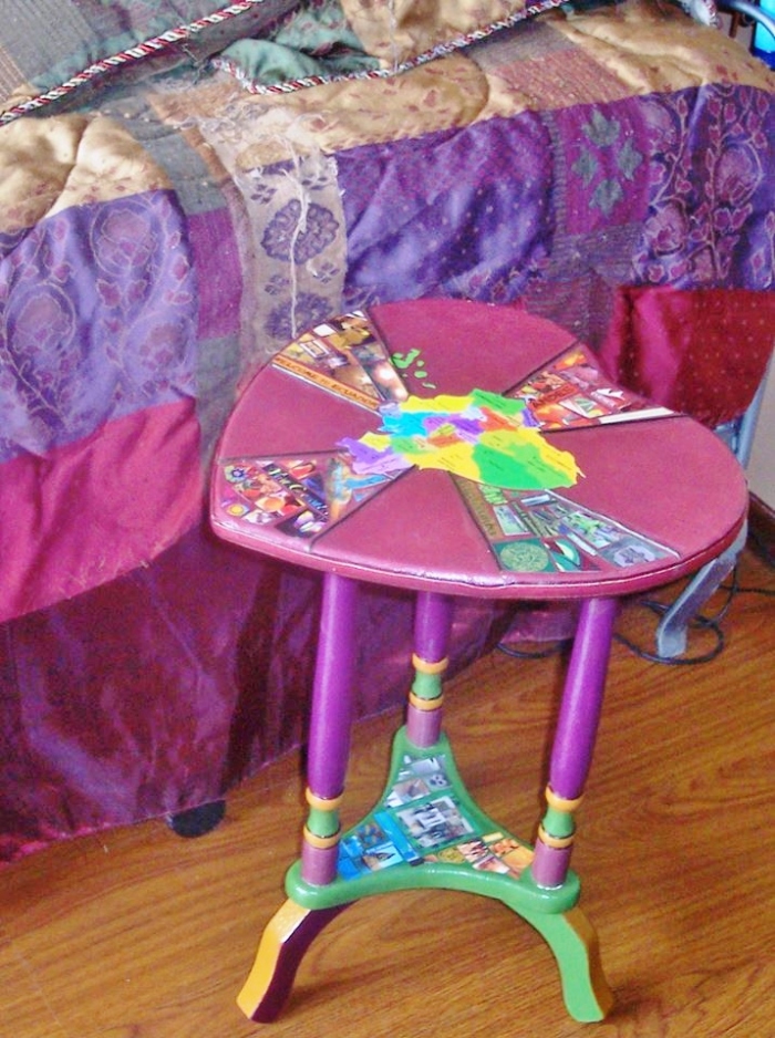Jan's table in its new home.  It was designed to coordinate with her bedspread.